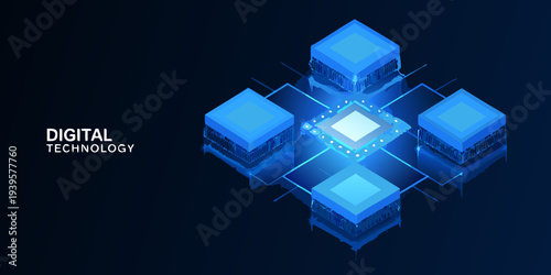 Abstract digital technology illustration with glowing blue cubes and network connections