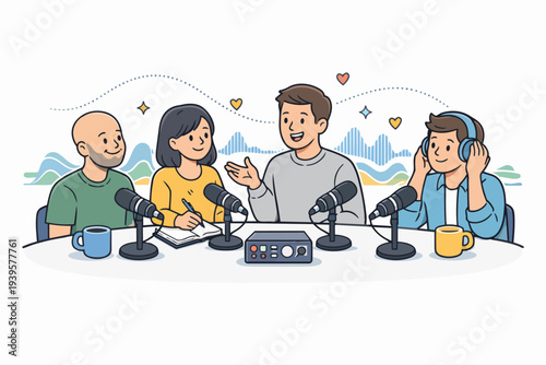People recording a podcast interview in a studio engaging in a live discussion