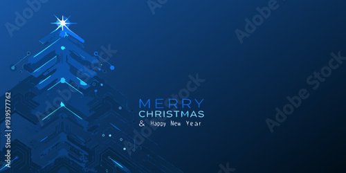 A digital christmas tree with a bright star and festive greeting