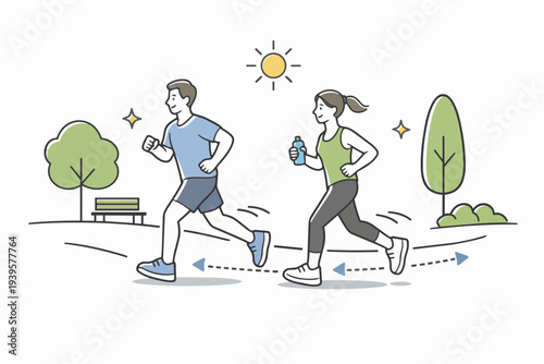 Healthy couple jogging in a public park for exercise and wellness