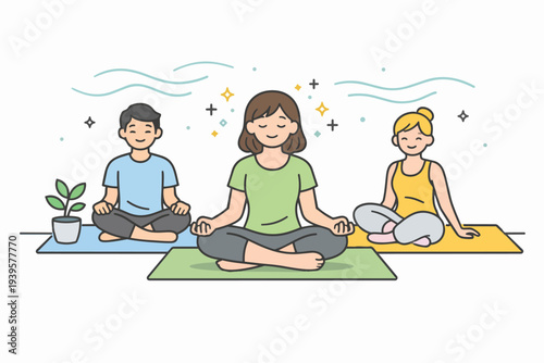 Group meditating for mindfulness and mental well-being cartoon illustration