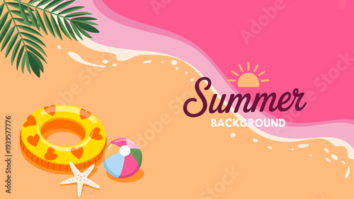 Summer beach background with inflatable ring and colorful beach ball