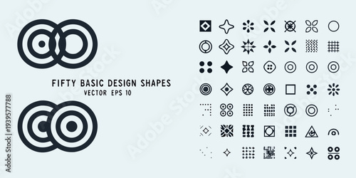 Collection of fifty basic design shapes in black and white vector art