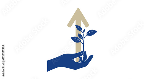 Hand Holding Plant with Leaves and Arrow.