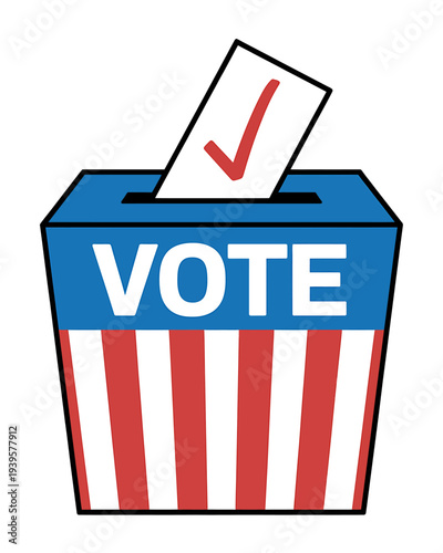 American style vote box with red and white stripes and check mark ballot