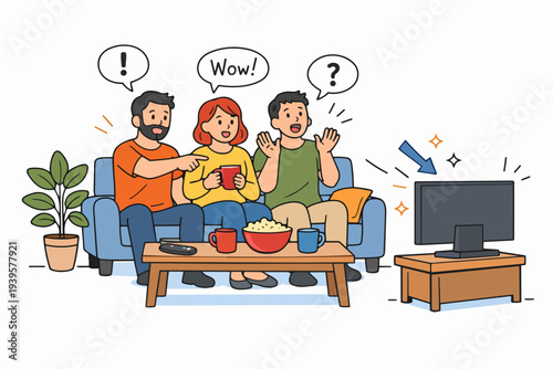 Friends watching tv at home, enjoying show reacting with surprise and excitement