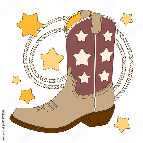 Cowboy boot with stars and rope on white background