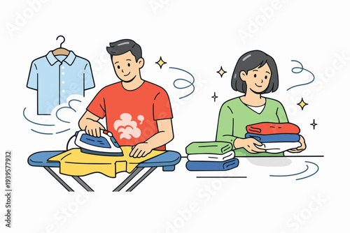 Man ironing yellow shirt on board, woman holding stack of folded clean clothes