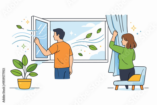Couple opening window for fresh air and healthy indoor ventilation