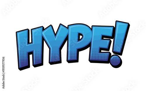 Blue comic style HYPE text with black outline and dots