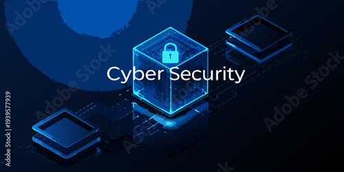 Cyber security concept with a glowing lock inside a blue cube