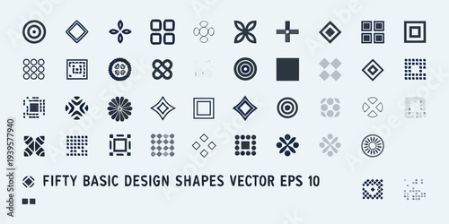 Collection of fifty diverse geometric design shapes in grayscale tones