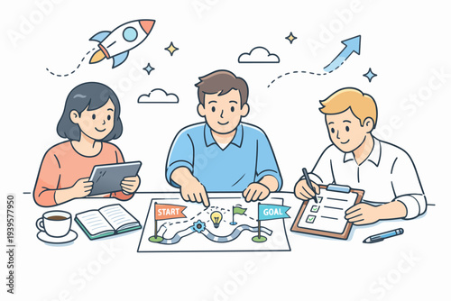 Team collaborating on business strategy planning, developing project roadmap to reach goals