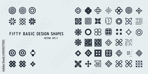 Fifty basic design shapes arranged in a grid pattern illustration