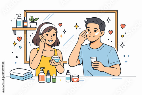Couple doing morning skincare routine together in bathroom