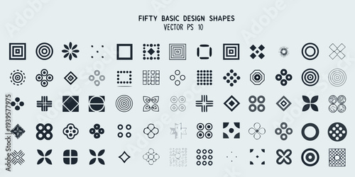 Collection of fifty basic vector design shapes in grayscale tones