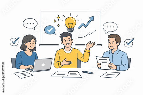 Team meeting brainstorming new business ideas and discussing growth strategy