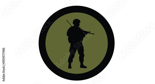 A black silhouette of a soldier holding a rifle on an olive green circular background with a black border.