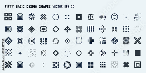 Collection of fifty basic geometric vector shapes in grayscale tones