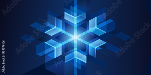 Abstract geometric snowflake design with vibrant blue and white hues