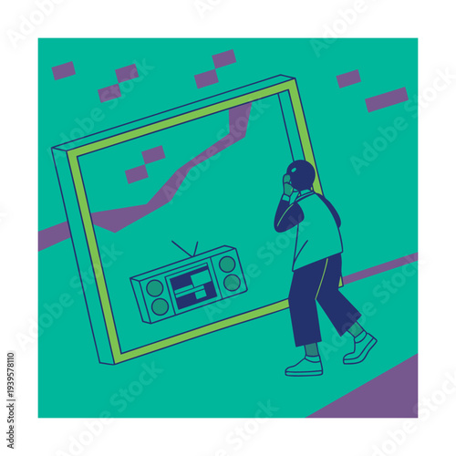 Person Looking at Giant Green Digital Screen with Retro TV Teal Purple Pixel Art Illustration