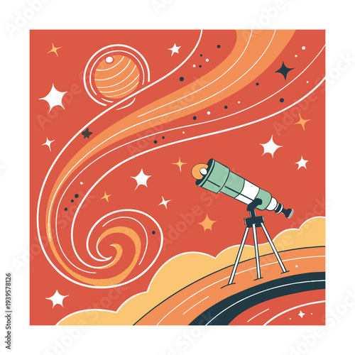 Telescope on Tripod Pointing at Planet with Swirling Stars Red Orange Sky Space Illustration
