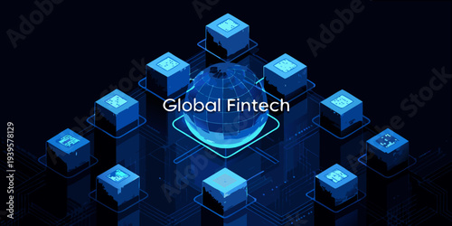 Global fintech network represented by interconnected glowing blue cubes