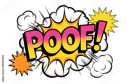 Colorful comic book style POOF explosion with clouds and stars