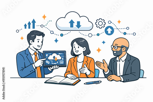 Business professionals discussing cloud computing technology and data storage solutions