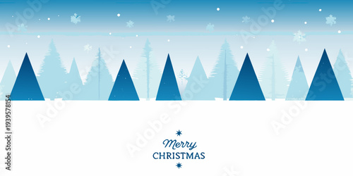 Winter landscape with stylized blue trees and falling snowflakes merry christmas