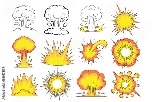 Explosion and Blast Effect Vector Collection - Comic Style Fire, Smoke, and Mushroom Cloud Illustrations.