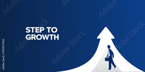 A businessman climbs a bright arrow symbolizing growth and success