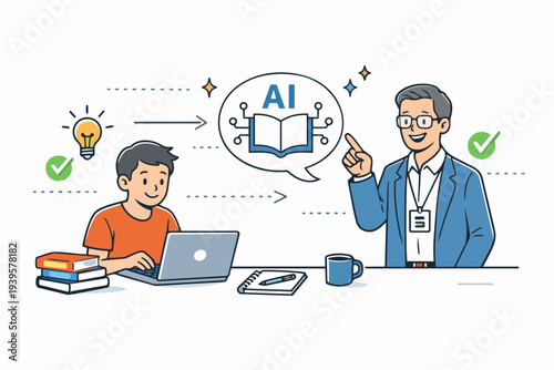 Teacher explaining ai education to student learning on laptop