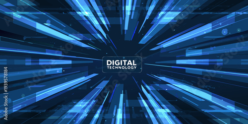 Abstract blue lines radiating from a central digital technology graphic