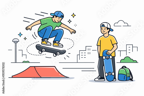 Skaters performing trick at park ramp, young men enjoying urban sport hobby