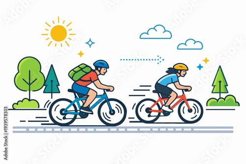 Couple cycling outdoors on an adventure road trip under sunny sky