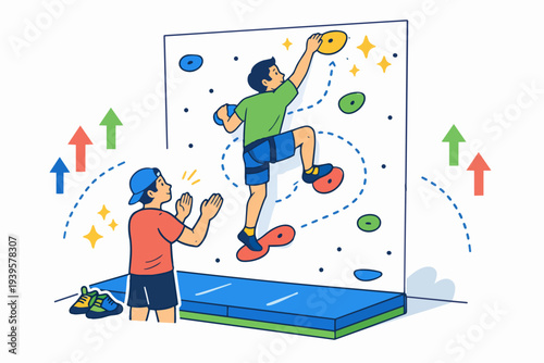 Person climbing wall with belayer encouraging, showing skill development and growth