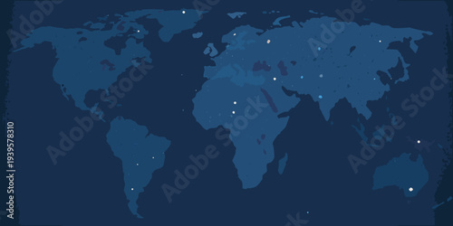 A dark blue world map with scattered white lights representing cities