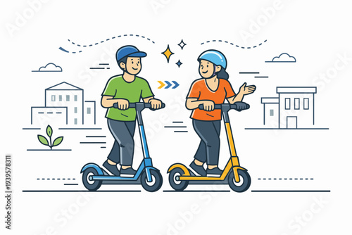 People riding electric scooters in city, engaging in eco-friendly urban mobility
