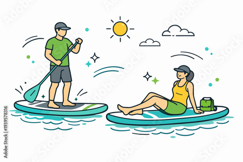 Couple stand up paddle boarding and relaxing on water enjoying summer vacation