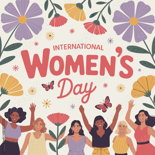 International women's day vibrant illustration with diverse group of women standing together, surrounded by colorful flowers and butterflies, celebrating strength and unity
