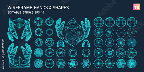 Neon wireframe hands and geometric shapes collection on a dark background