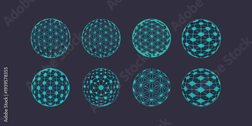 Abstract arrangement of eight glowing geometric egg shaped designs