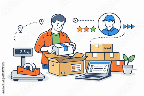 Man packaging box for delivery, managing e-commerce order fulfillment and logistics