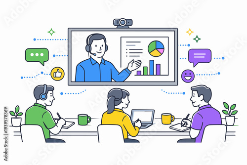 People having a successful online video conference meeting presentation