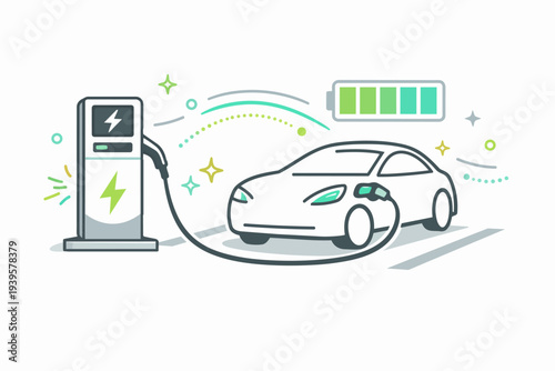 Electric car charging with green energy, showing sustainable vehicle power