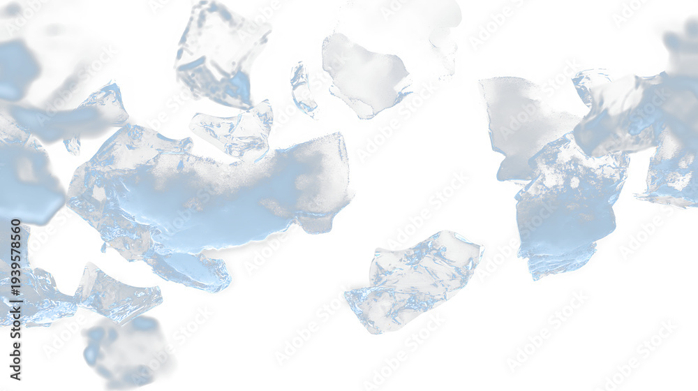 Obraz premium Ice cubes scattered on a transparent background showing detail in each piece in a bright setting