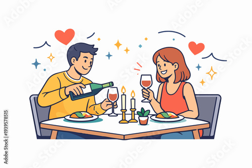 Couple enjoying romantic dinner date, clinking wine glasses, celebrating love