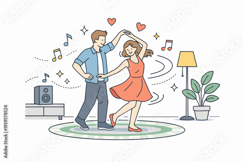 Happy dancing couple enjoying music and romance in a cozy living room
