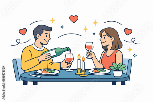 Happy couple celebrating love with a romantic dinner, sharing wine and a meal